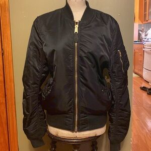 Alpha Black Slim Fit Bomber Jacket with Gold Zipper